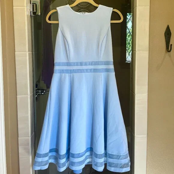 Calvin Klein Womens Light Blue Sheer Sleeveless Jewel Neck Above The Knee Evening Fit + Flare Dress 6